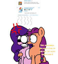 Size: 3023x3351 | Tagged: safe, artist:kittyrosie, artist:professorventurer, imported from derpibooru, pipp petals, rainbow dash, sunny starscout, earth pony, pegasus, pony, series:ask pippamena, angry, braid, braided ponytail, chest fluff, cross-popping veins, dialogue, emanata, female, fuming, g5, implied miscarriage, lesbian, mare, pipp is short, pippamena, ponytail, pregnant, primrose petals, shipping, sunnypipp