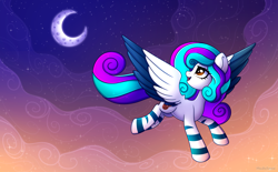 Size: 3600x2229 | Tagged: safe, artist:madelinne, imported from derpibooru, oc, oc only, oc:cookie crumbler, pegasus, cloud, moon, pegasus oc, sky, stars, sunset