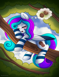 Size: 2200x2895 | Tagged: safe, artist:madelinne, imported from derpibooru, oc, oc only, oc:cookie crumbler, pegasus, cloud, cookie, dream, food, pegasus oc, sleeping, solo, tree, tree branch