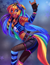 Size: 1750x2250 | Tagged: safe, artist:kyurochurro, imported from derpibooru, part of a set, rainbow dash, human, alternate hairstyle, arm warmers, ass, belly button, belt, bra, bra strap, bracelet, butt, chains, clothes, dark skin, devil horn (gesture), ear piercing, earring, female, fingerless gloves, fishnets, gloves, goggles, humanized, jewelry, leg warmers, lip piercing, midriff, nail polish, nose piercing, open mouth, piercing, scene hair, scene kid, shorts, snake bites, solo, spiked wristband, stockings, tanktop, thigh highs, underwear, winged humanization, wings, wristband