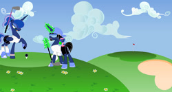 Size: 1600x857 | Tagged: safe, artist:evilfrenzy, imported from derpibooru, princess luna, oc, oc:frenzy, alicorn, pony, alternate hairstyle, clothes, cloud, cloudy, female, golf, grass, helmet, magic, magic aura, male, mare, ponytail, shoes, sneakers, socks, sports