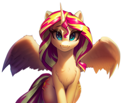 Size: 929x789 | Tagged: safe, editor:xyzzymoon, imported from derpibooru, sunset shimmer, alicorn, pony, ai content, ai generated, alicornified, chest fluff, female, generator:purplesmart.ai, generator:stable diffusion, horn, looking at you, mare, race swap, shimmercorn, simple background, solo, spread wings, transparent background, wings