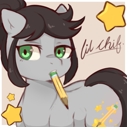 Size: 1200x1200 | Tagged: safe, artist:nightlight dawn, imported from derpibooru, oc, oc:lil chif, earth pony, pony, pencil, pencil in mouth, solo, stars