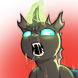 Size: 1159x1159 | Tagged: safe, artist:cold-blooded-twilight, imported from derpibooru, changeling, angry, fangs, frown, glowing, glowing eyes, glowing horn, gradient background, horn, open mouth, simple background, solo, transparent background