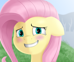 Size: 1280x1080 | Tagged: safe, artist:reinbou, imported from derpibooru, fluttershy, pegasus, pony, awkward smile, blushing, floppy ears, grin, looking at you, smiling, solo