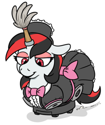 Size: 604x720 | Tagged: safe, artist:jargon scott, imported from derpibooru, oc, oc only, oc:blackjack, pony, unicorn, fallout equestria, fallout equestria: project horizons, amputee, bowtie, broken horn, clothes, duster, eyeshadow, floppy ears, horn, lidded eyes, maid, makeup, ponies riding roombas, prosthetic eye, prosthetic horn, prosthetics, quadruple amputee, roomba, sausagejack, simple background, smiling, solo, white background