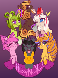 Size: 2150x2884 | Tagged: safe, imported from derpibooru, oc, pegasus, pony, rabbit, unicorn, animal, gradient background, happy new year, holiday, ponysona