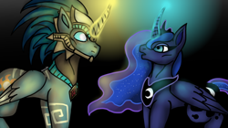 Size: 1824x1024 | Tagged: safe, artist:goldleafartist, imported from derpibooru, princess luna, alicorn, pony, crossover, curved horn, duo, duo male and female, fanfic art, female, glowing, glowing horn, horn, kotal kahn, male, mare, mortal kombat, mortal kombat 11, ponified, stallion, story in the source