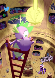 Size: 2893x4092 | Tagged: safe, artist:pendisplay, imported from derpibooru, spike, twilight sparkle, dragon, pony, book, bookshelf, duo, duo male and female, eyes closed, female, golden oaks library, ladder, library, light, looking down, looking up, male, open mouth, railing, yelling