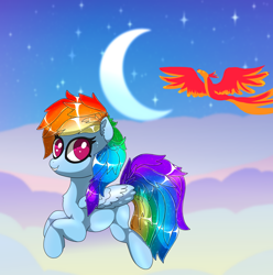 Size: 1344x1356 | Tagged: safe, artist:opal2023, imported from derpibooru, rainbow dash, pegasus, phoenix, pony, cloud, crescent moon, duo, moon, night, sparkles