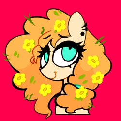 Size: 1000x1000 | Tagged: safe, artist:opossum-stuff, imported from derpibooru, pear butter, earth pony, pony, bust, female, flower, flower in hair, mare, portrait, red background, simple background, solo