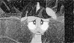 Size: 597x350 | Tagged: safe, artist:movieliker236, imported from derpibooru, twilight sparkle, pony, the crystal empire, black and white, female, grayscale, hypnosis, monochrome, solo, sombra eyes