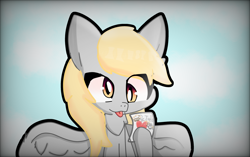 Size: 2552x1606 | Tagged: safe, artist:just loq, imported from derpibooru, derpy hooves, pegasus, pony, :p, cute, derp, derpabetes, food, heart, muffin, paper, solo, spread wings, tongue out, wings