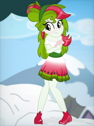 Size: 2768x3690 | Tagged: safe, artist:sjart117, imported from derpibooru, oc, oc only, oc:watermelana, human, equestria girls, blushing, clothes, cloud, cold, dress, female, freckles, headband, heeled boots, shivering, sky, snow, solo, tree