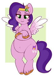 Size: 526x750 | Tagged: safe, artist:lulubell, imported from derpibooru, pipp petals, pegasus, pony, adipipp, adorapipp, belly button, bipedal, chubby, crossed arms, cute, fat, female, freckles, g5, jewelry, mare, pear shaped, pipp is chubby, smiling, solo, spread wings, tiara, wings