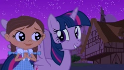 Size: 1165x655 | Tagged: safe, edit, edited screencap, imported from derpibooru, screencap, twilight sparkle, alicorn, human, pony, magical mystery cure, beautiful, crossover, dorothy gale, duo, duo female, female, happy, looking at each other, magical mystery cure tenth anniversary, princess, puppy dog eyes, smiling, smiling at each other, the wizard of oz, touched, twilight sparkle (alicorn)