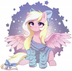 Size: 2048x2003 | Tagged: safe, artist:avrameow, imported from derpibooru, oc, oc only, oc:bay breeze, pegasus, pony, bow, clothes, cute, female, hair bow, looking at you, mare, oversized clothes, oversized shirt, shirt, simple background, sitting, solo, spread wings, sweater, tail, tail bow, white background, wings