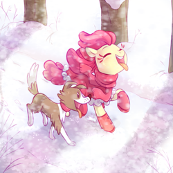 Size: 899x898 | Tagged: safe, artist:jumblehorse, edit, imported from twibooru, apple bloom, winona, dog, earth pony, pony, adorabloom, boots, catching snowflakes, chromatic aberration removal, clothes, collar, cute, eyelashes, eyes closed, female, filly, image, open mouth, pet collar, png, raised hoof, running, scarf, shoes, smiling, snow, snowfall, tongue out, tree