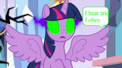 Size: 622x350 | Tagged: safe, artist:mlp2011, edit, edited screencap, imported from derpibooru, screencap, twilight sparkle, alicorn, pony, the beginning of the end, female, glowing eyes, mind control, solo, sombrafied, twilight sparkle (alicorn)