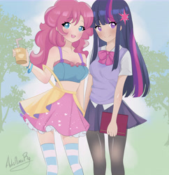 Size: 12700x13133 | Tagged: safe, artist:adrimikurg, imported from derpibooru, pinkie pie, twilight sparkle, human, blushing, book, bowtie, bracelet, clothes, cute, diapinkes, drinking straw, duo, female, glass, humanized, jewelry, juice, lemonade, lesbian, light skin, midriff, open mouth, overalls, shipping, shirt, skirt, socks, stockings, striped socks, thigh highs, tree, twiabetes, twinkie