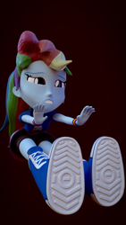 Size: 1080x1920 | Tagged: safe, artist:thebronymarines, imported from derpibooru, rainbow dash, human, equestria girls, 3d, armband, boots, clothes, laces, rainbow socks, shoes, socks, squint, stretching, striped socks