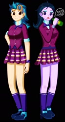 Size: 1015x1914 | Tagged: safe, artist:lemonzat115, imported from derpibooru, indigo zap, zephyr, human, equestria girls, alcohol, black background, clothes, crystal prep academy uniform, drunk, duo, duo female, female, go home you're drunk, plaid skirt, pleated skirt, school uniform, simple background, skirt, spanish, vodka