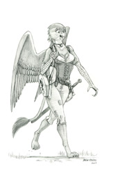 Size: 950x1373 | Tagged: safe, artist:baron engel, imported from derpibooru, gabby, anthro, griffon, bell, bell collar, collar, female, monochrome, pencil drawing, simple background, solo, sword, traditional art, weapon, white background