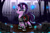 Size: 2754x1800 | Tagged: safe, artist:darksly, imported from derpibooru, starlight glimmer, pony, unicorn, alternate hairstyle, blue fire, brick wall, clothes, edgelight glimmer, eyeshadow, female, fence, fog, forest, gameloft interpretation, goth, high res, horn, lidded eyes, makeup, mare, skirt, skull, solo, torch, tree, unamused