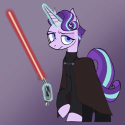 Size: 1000x1000 | Tagged: safe, artist:partyponypower, imported from derpibooru, starlight glimmer, pony, unicorn, cape, clothes, count dooku, crossover, darth tyranus, gradient background, lightsaber, magic, solo, star wars, weapon