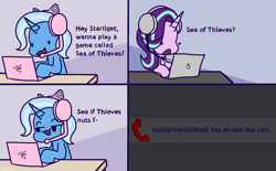 Size: 2307x1434 | Tagged: safe, artist:nawnii, imported from derpibooru, starlight glimmer, trixie, pony, unicorn, :3, comic, computer, deez nuts, duo, headphones, henway, text