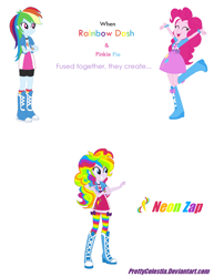 Size: 1032x1336 | Tagged: safe, artist:prettycelestia, imported from derpibooru, pinkie pie, rainbow dash, oc, oc:neon zap, equestria girls, belt buckle, blue eyes, boots, clothes, fusion, fusion:pinkie pie, fusion:pinkiedash, fusion:rainbow dash, high heel boots, jacket, multicolored hair, multiple arms, rainbow hair, rainbow socks, shoes, simple background, socks, stockings, striped socks, thigh highs, white background