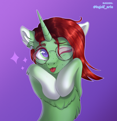 Size: 2500x2600 | Tagged: safe, artist:ingolf arts, imported from derpibooru, oc, oc only, oc:moonsun, pony, unicorn, chest fluff, cute, ear fluff, female, glasses, gradient background, high res, horn, jewelry, one eye closed, scar, solo, tongue out, unicorn oc, wink