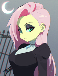 Size: 1000x1300 | Tagged: safe, artist:aetherionart, imported from derpibooru, fluttershy, human, equestria girls, breasts, busty fluttershy, crescent moon, ear piercing, earring, eyeshadow, female, fence, fluttergoth, frown, goth, jewelry, lidded eyes, looking at you, makeup, moon, night, piercing, solo