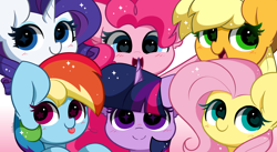 Size: 5456x2993 | Tagged: safe, artist:kittyrosie, imported from derpibooru, applejack, fluttershy, pinkie pie, rainbow dash, rarity, twilight sparkle, earth pony, pegasus, pony, unicorn, :p, absurd resolution, blushing, cute, dashabetes, diapinkes, female, floppy ears, gradient background, group, heart, heart eyes, jackabetes, looking at you, mane six, mare, open mouth, open smile, raribetes, sextet, shyabetes, signature, smiling, smiling at you, starry eyes, tongue out, twiabetes, wingding eyes