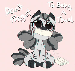 Size: 1000x952 | Tagged: safe, artist:inkypuso, imported from derpibooru, oc, oc only, oc:munyu, zebra, big eyes, cute, female, mare, mouth hold, ocbetes, pink background, simple background, sitting, solo, south park, talking to viewer, towel, towelie, zebra oc