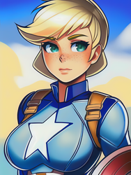 Size: 1020x1360 | Tagged: safe, imported from derpibooru, applejack, human, ai content, ai generated, big breasts, breasts, bust, busty applejack, captain america, clothes, cosplay, costume, crossover, female, freckles, generator:novelai, generator:stable diffusion, humanized, leather, leather straps, lips, looking at you, marvel, marvel cinematic universe, military uniform, portrait, prompter:sammykun, serious, serious face, shield, solo, uniform