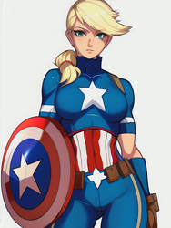 Size: 1020x1360 | Tagged: safe, imported from derpibooru, applejack, human, ai content, ai generated, american flag, breasts, busty applejack, captain america, clothes, cosplay, costume, crossover, female, generator:novelai, generator:stable diffusion, humanized, leather, leather straps, lips, looking at you, marvel, marvel cinematic universe, military uniform, portrait, prompter:sammykun, reasonably sized breasts, serious, serious face, shield, solo, uniform