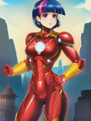 Size: 1020x1360 | Tagged: safe, imported from derpibooru, twilight sparkle, human, ai content, ai generated, breasts, clothes, cosplay, costume, crossover, female, generator:novelai, generator:stable diffusion, glowing, humanized, iron man, marvel, marvel cinematic universe, metal, prompter:sammykun, reasonably sized breasts, solo, suit, superhero, technology