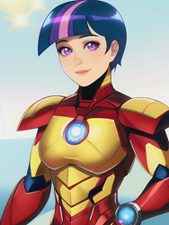 Size: 1020x1360 | Tagged: safe, imported from derpibooru, twilight sparkle, human, ai content, ai generated, breasts, clothes, cosplay, costume, crossover, female, generator:novelai, generator:stable diffusion, glowing, humanized, iron man, marvel, marvel cinematic universe, metal, prompter:sammykun, reasonably sized breasts, solo, suit, superhero, technology