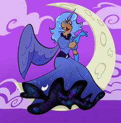 Size: 2000x2035 | Tagged: safe, artist:carconutty, imported from derpibooru, princess luna, human, alicorn humanization, clothes, cloud, crescent moon, dark skin, dress, evening gloves, eyeshadow, female, gloves, gown, horn, horned humanization, humanized, long gloves, makeup, moon, night, one eye closed, open mouth, solo, winged humanization, wings, wink