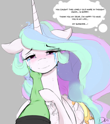 Size: 2520x2844 | Tagged: safe, artist:thelunarmoon, imported from derpibooru, princess celestia, oc, oc:anon, alicorn, human, pony, chest fluff, crying, dialogue, digital art, duo, duo male and female, eye clipping through hair, eyebrows, eyebrows visible through hair, female, floppy ears, folded wings, gray background, high res, horn, human and pony, looking at you, male, male pov, mare, offscreen character, pov, simple background, smiling, smiling at you, talking to viewer, tears of joy, wings