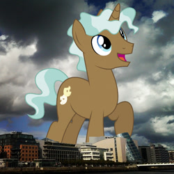 Size: 640x640 | Tagged: safe, artist:dragonchaser123, edit, editor:jaredking779, imported from derpibooru, clever musings, pony, unicorn, background pony, dublin, friendship student, giant pony, giant unicorn, highrise ponies, ireland, irl, looking up, macro, male, mega giant, open mouth, photo, ponies in real life, smiling, solo, stallion