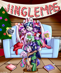 Size: 3105x3750 | Tagged: safe, alternate version, artist:anibaruthecat, imported from derpibooru, princess cadance, princess flurry heart, shining armor, twilight sparkle, oc, oc:prince nova sparkle, alicorn, pony, accessory, adorable face, adorasexy, alicorn oc, alicornified, animal costume, aunt and nephew, aunt and niece, banner, bipedal, book, brother, brother and sister, camera, candy, candy cane, christmas, christmas gift, christmas lights, christmas stocking, christmas tree, clothes, collar, colt, commission, costume, couch, cousins, crossdressing, cute, father and child, father and daughter, father and son, female, filly, foal, food, half-brother, half-cousins, half-siblings, half-sister, hat, headband, high res, holiday, horn, hug, incest, jewelry, levitation, magic, magic aura, male, mare, mistleholly, mistletoe, mistletoe abuse, mother and child, mother and daughter, mother and son, necklace, offspring, parent and child, parent:shining armor, parent:twilight sparkle, parents:shining sparkle, polyamory, poster, prince, prince shining armor, princess, product of incest, race swap, reindeer costume, royalty, santa costume, santa hat, sexy, shakespearicles, shiningcorn, shirt, siblings, sister, sisters, sisters-in-law, sitting, socks, stallion, standing, stockings, telekinesis, thigh highs, tree, twilight sparkle (alicorn), wall of tags, wings