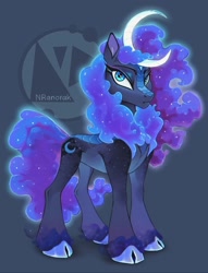Size: 1072x1406 | Tagged: safe, artist:anoraknr, imported from derpibooru, princess luna, kirin, blue eyes, blue mane, blue tail, cloven hooves, crescent horn, crescent moon, digital art, ethereal mane, ethereal tail, eyebrows, eyelashes, eyeshadow, female, flowing mane, flowing tail, glowing, gray background, kirin luna, kirin-ified, logo, looking at you, makeup, mare, moon, scales, signature, simple background, solo, species swap, starry mane, starry tail, stars, tail, unshorn fetlocks