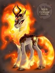 Size: 1080x1440 | Tagged: safe, artist:anoraknr, imported from derpibooru, daybreaker, kirin, nirik, cloven hooves, crown, digital art, ethereal mane, ethereal tail, eyelashes, eyeshadow, female, fire, flowing mane, flowing tail, folded wings, gem, gray background, horns, jewelry, kirin daybreaker, kirin-ified, lidded eyes, logo, makeup, mane of fire, mare, regalia, scales, simple background, smiling, solo, species swap, tail, tail of fire, unshorn fetlocks, wings, yellow eyes
