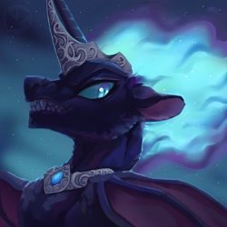 Size: 1024x1024 | Tagged: safe, artist:anoraknr, imported from derpibooru, nightmare moon, alicorn, bat pony, bat pony alicorn, pony, angry, armor, bat ponified, bat wings, blue eyes, blue mane, crepuscular rays, crown, digital art, ethereal mane, evil, eyeshadow, fangs, female, flowing mane, folded wings, gem, glowing, gritted teeth, horn, horn guard (armor), jewelry, looking at you, makeup, mare, night, race swap, regalia, sky, solo, teeth, wings