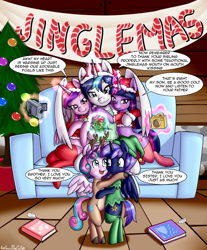 Size: 3105x3750 | Tagged: safe, alternate version, artist:anibaruthecat, imported from derpibooru, princess cadance, princess flurry heart, shining armor, twilight sparkle, oc, oc:prince nova sparkle, alicorn, pony, accessory, adorable face, adorasexy, alicorn oc, alicornified, animal costume, aunt and nephew, aunt and niece, banner, bipedal, bisexual, book, brother, brother and sister, camera, candy, candy cane, christmas, christmas gift, christmas lights, christmas stocking, christmas tree, clothes, collar, colt, commission, costume, couch, cousins, crossdressing, cute, dialogue, encouragement, encouraging, father and child, father and daughter, father and son, female, filly, foal, food, half-brother, half-cousins, half-siblings, half-sister, hat, headband, high res, holiday, horn, hug, imminent kissing, implied incest, incest, jewelry, lesbian, levitation, magic, magic aura, male, mare, mistleholly, mistletoe, mistletoe abuse, mother and child, mother and daughter, mother and son, necklace, offspring, parent and child, parent:shining armor, parent:twilight sparkle, parents:shining sparkle, polyamory, poster, prince, prince shining armor, princess, product of incest, race swap, reindeer costume, royalty, santa costume, santa hat, sexy, shakespearicles, shiningcorn, shipping, shirt, siblings, sister, sisters-in-law, sitting, socks, speech bubble, stallion, standing, stockings, straight, talking, telekinesis, text, thigh highs, this will end in snu snu, tree, twiarmordance, twilight sparkle (alicorn), wall of tags, wings