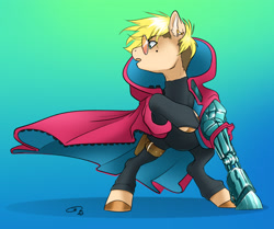 Size: 2683x2248 | Tagged: safe, artist:opalacorn, imported from derpibooru, earth pony, pony, amputee, anime, clothes, coat, crossover, gradient background, longcoat, male, ponified, prosthetic leg, prosthetic limb, prosthetics, solo, stallion, sunglasses, trigun, trigun stampede, turned head, vash the stampede