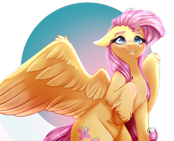 Size: 2094x1702 | Tagged: safe, artist:symphstudio, imported from derpibooru, fluttershy, pegasus, pony, cute, floppy ears, grin, raised hoof, shyabetes, simple background, smiling, solo, spread wings, transparent background, unshorn fetlocks, wings