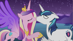 Size: 1920x1080 | Tagged: safe, artist:90sigma, artist:hunterz263, edit, editor:jaredking779, imported from derpibooru, princess cadance, shining armor, alicorn, pony, unicorn, crown, eyes closed, female, hoof shoes, jewelry, kiss on the lips, kissing, male, mare, night, peytral, regalia, shiningcadance, shipping, stallion, straight